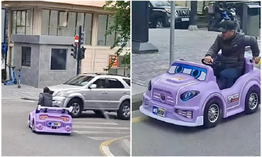 Oyuncaq maşınla Bakı küçələrinə çıxan kişi təhlükə yaratdı - VİDEO 