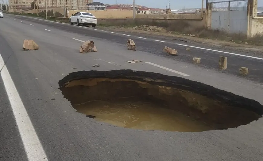 Masazırda yeni çəkilən yol çökdü - FOTO